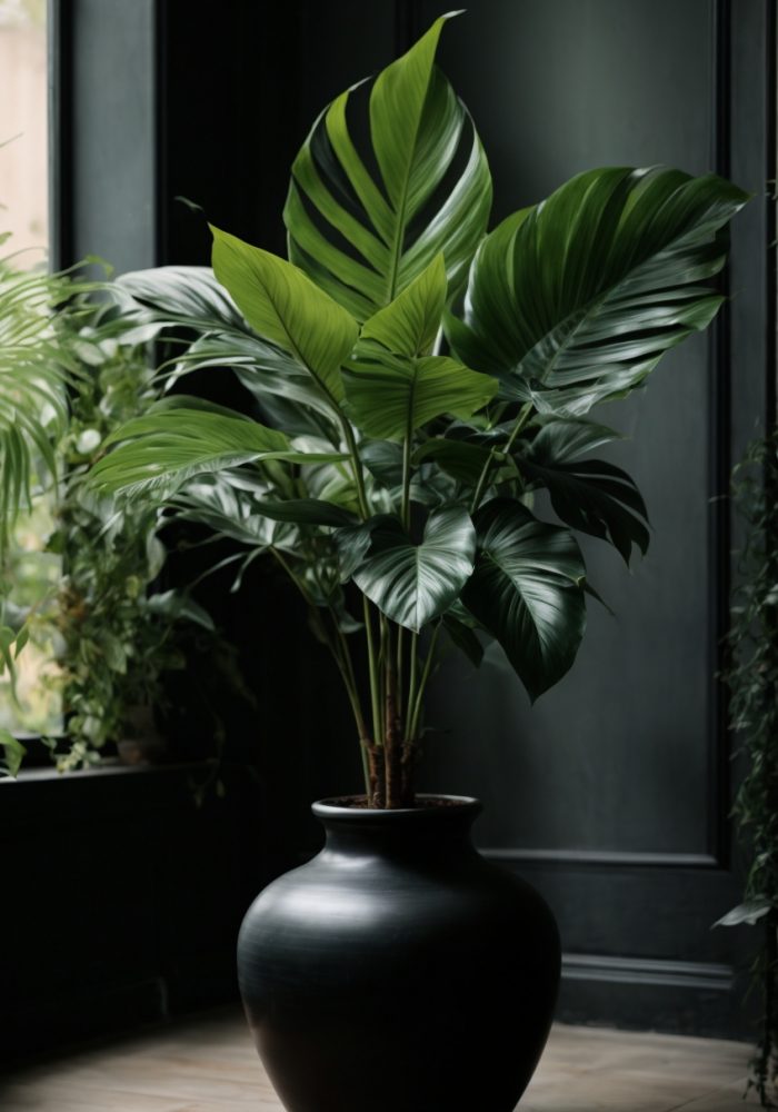 PhotoReal_a_jungle_plant_in_a_long_black_vase_0